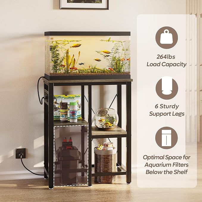 10 Gallon Fish Tank Stand with Power Outlets, 20 x10 Metal Aquarium Stand with 3-Tiers Adjustable Storage Shelves, 6-Legs Reptile Terrarium Stand, 264 LBs
