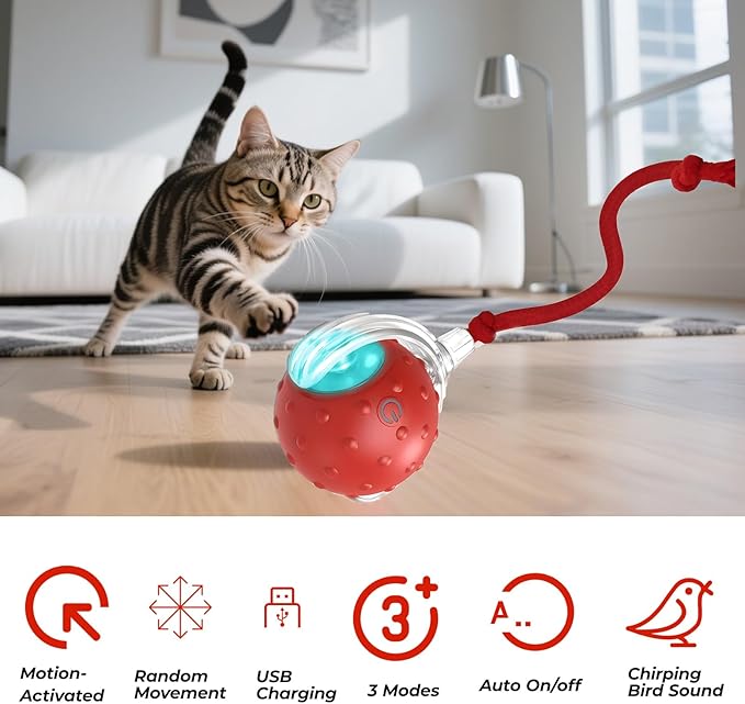 2-Pack Interactive Cat Toys Ball - 2025 New Gen with Smart Obstacle Avoidance,Bird Chirps & Auto Wake-Up,Includes 2 Speedy Tail 2.0 Ropes, Ideal Kitten Toys for Bored Indoor Cats (Red & Blue)