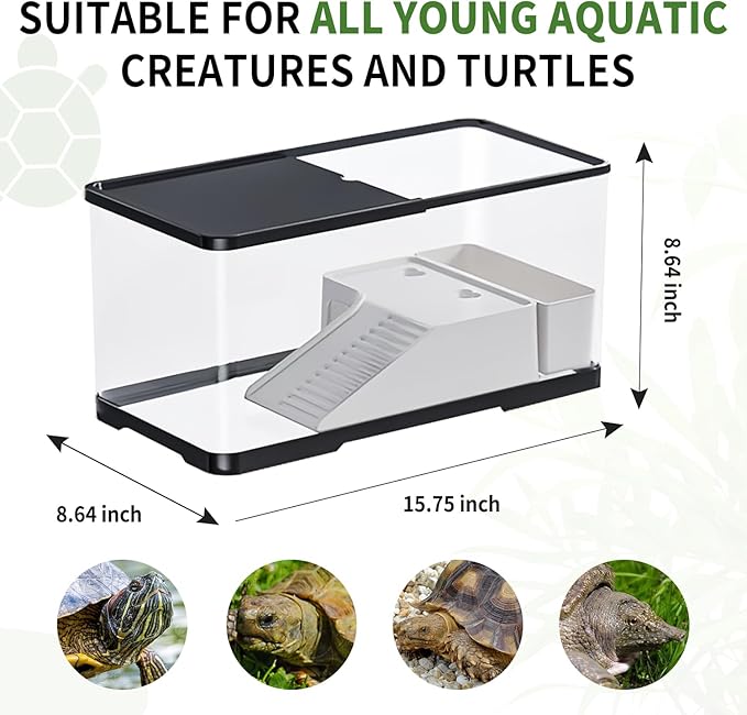 (Tank + Light + Filter Balls) Turtle Tank Kit, Turtle Tank Starter Kit,Bottom Drainage, Multi-Function Areas for Turtles, Crabs,Fishes, Amphibians,Reptiles.(15.75 x 8.64 x 8.64 Inch)