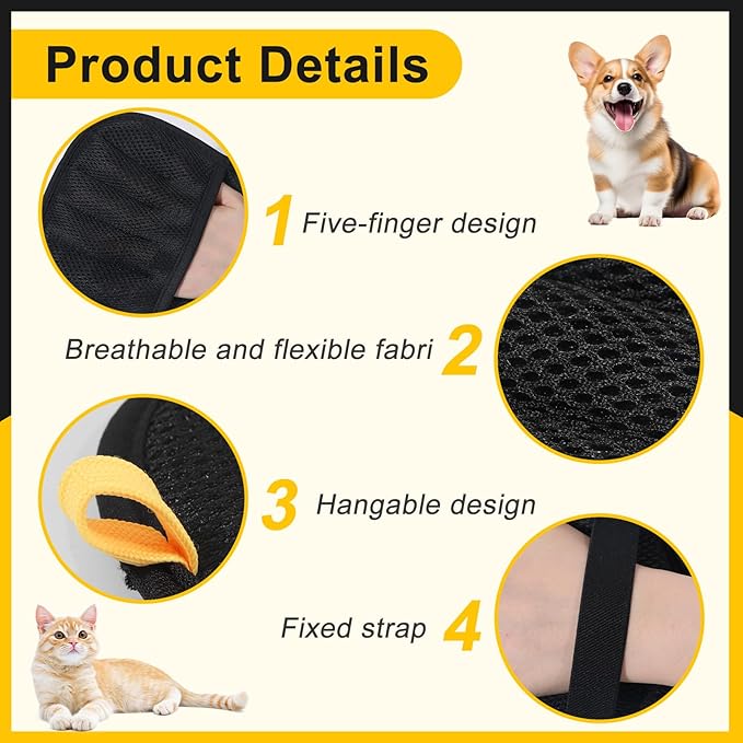 2-Pack Pet Hair Remover Gloves - Reusable Grooming Gloves for Dogs & Cats, Static Electricity Fur Removal Mitts for Furniture, Car, Clothing - Quick Dry Cleaning