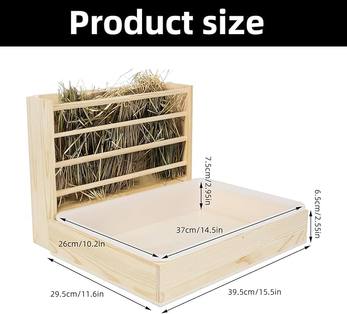 2 in 1 Wooden Rabbit Hay Feeder Box Safe Bunny Feeder Manger Grass Food Holder Rack Hay Holder with Toilet Rabbit Hay Feeder with Litter Pan Designed for Rabbits Guinea Pig Hamster Small Animals