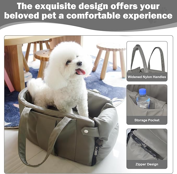 2 and 1 Center Console Dog Car Seat & Carrier for Small Dogs, Large Leather Dog Car Bed with Storage Pocket, Waterproof PVC Leather Seat Travel Bed for Front & Back Seat, Clip-On Safety Leash
