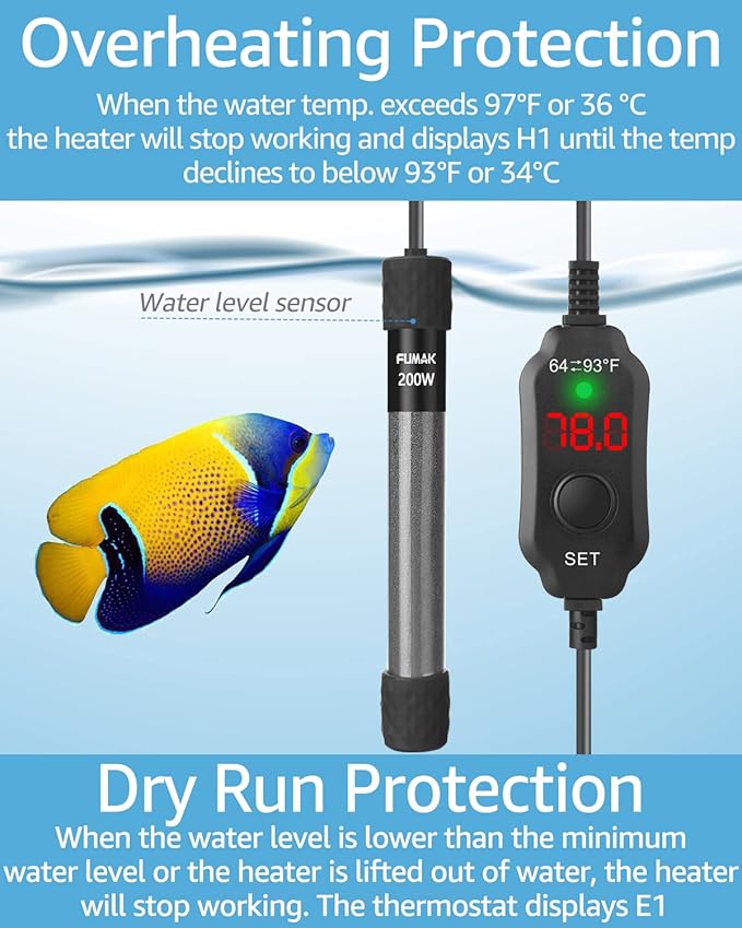 200W Adjustable Aquarium Heater Super Short Submersible Fish Tank Heater Fish Heater with LED Digital Display Thermostat, for Tanks 20-40 Gallons