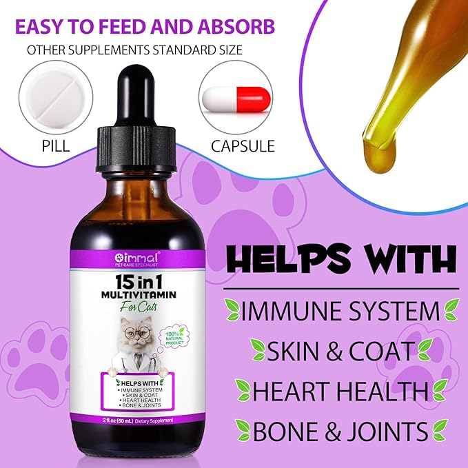 15-in-1 Multivitamin Drops for Cats - Immune Support, Skin & Coat Health, Digestion, Joint Care - with Vitamins A, B, C, D, E - Liquid Supplement for All Life Stages, Easy to Use, 2 fl.oz