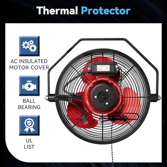 12 IN High Velocity Wall Mount Fan, 3 Speed Industrial Wall Fan with Sealed Motor, 2500 CFM Adjustable Air Circulator for Garage, Commercial, Greenhouse, Warehouse & Gazebo Use, UL Listed