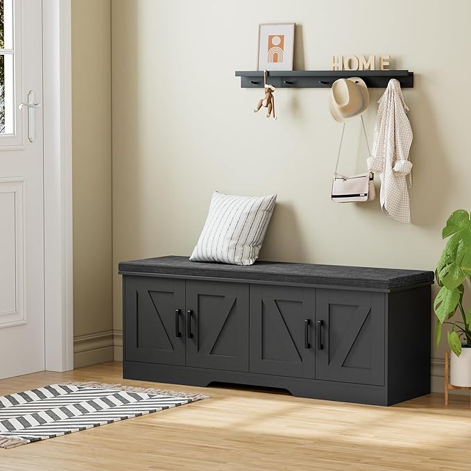2-Tier Storage Bench, Shoe Bench with Padded Seat Cushion, Entryway Bench with 4 Barn Doors, Adjustable Shelf, 13.8" D x 47.2" W x 17.7" H, for Entryway, Living Room, Bedroom, Black