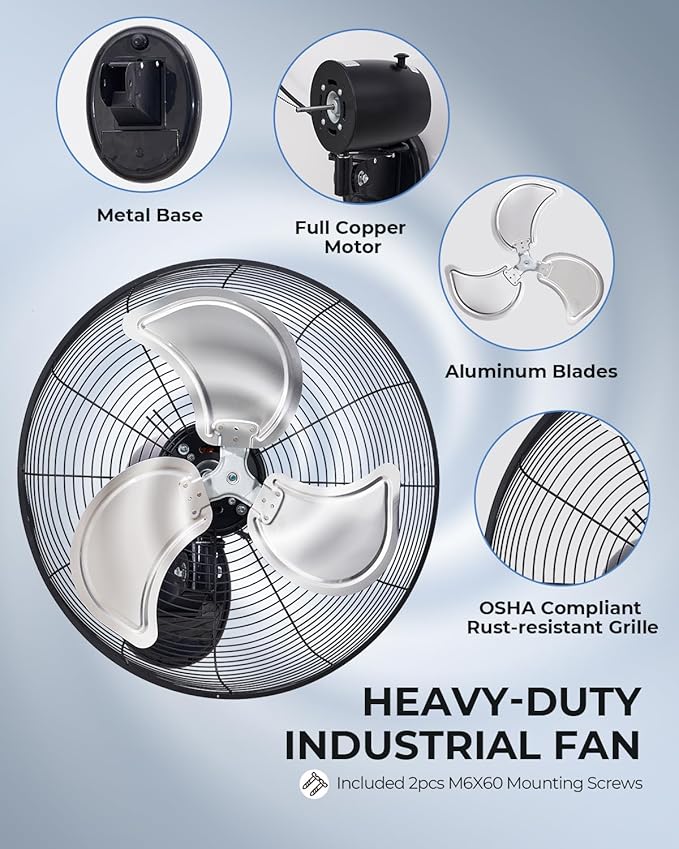 20 inch Wall Mount Fan Oscillating, 3-Speed 5500 CFM High Velocity Industrial Wall Mounted Fan, Heavy Duty Air Circulator for Garage, Shop, Gym, Workshop, Covered Patio - UL Listed