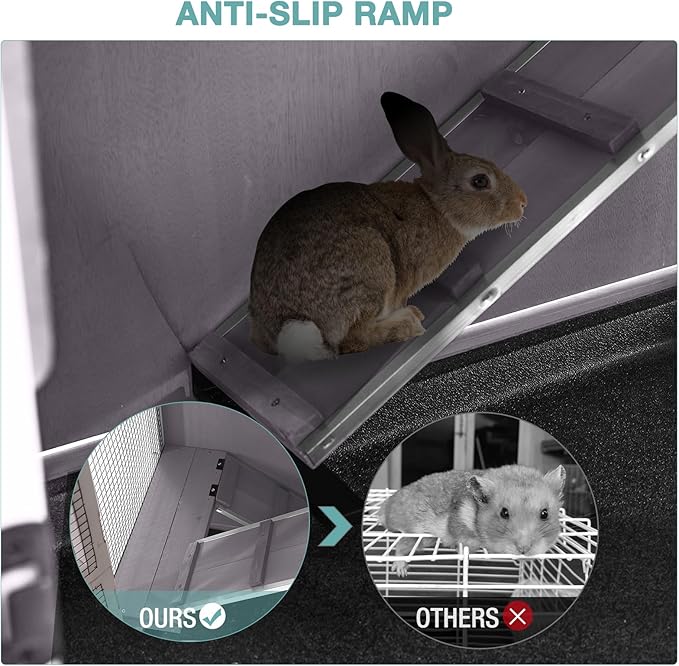 2-Tier Indoor Rabbit Hutch Bunny House Guinea Pig Cage with Sliding Plastic Trays, Wheels & Ramp, 47.2" Multi-Door Wooden Small Animal Cage for Rabbits, Bunnies, and Guinea Pigs (Grey)