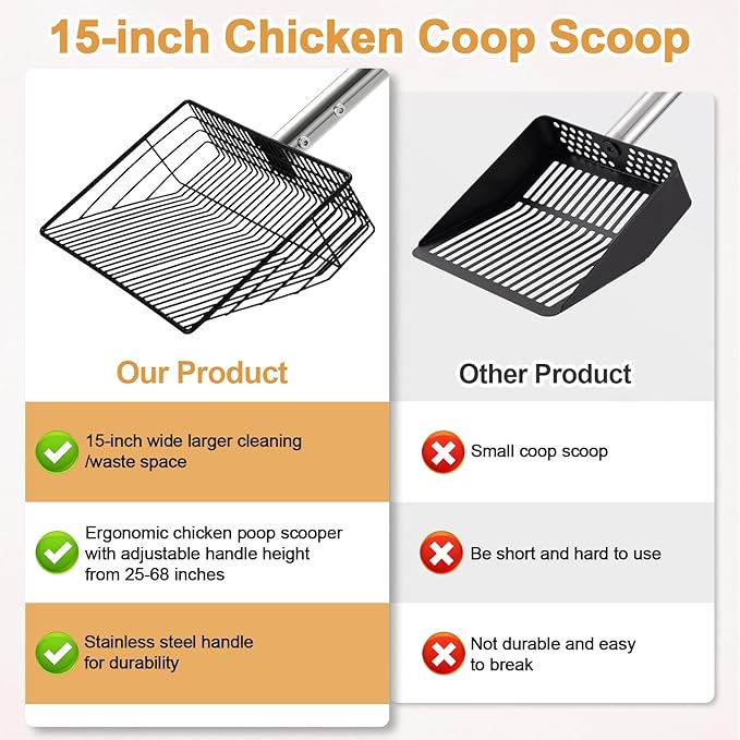 15" Chicken Poop Scooper & Rake, Metal Chicken Coop Scoop for Poop with 24 to 68" Adjustable Stainless Steel Handle, Litter Scooper Sifting Shovel Chicken Coop Accessories