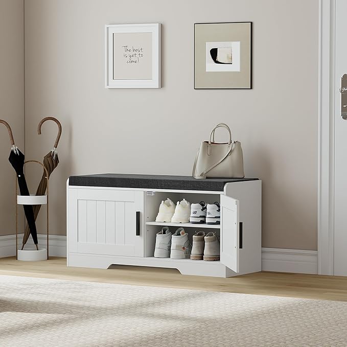 2-Tier Storage Bench, Shoe Bench with Thickened Padded Seat Cushion, Entryway Bench with 2 Doors, Adjustable Shelf, 13.8" D x 37.4" W x 18.5" H, for Entryway, Living Room, Bedroom, White