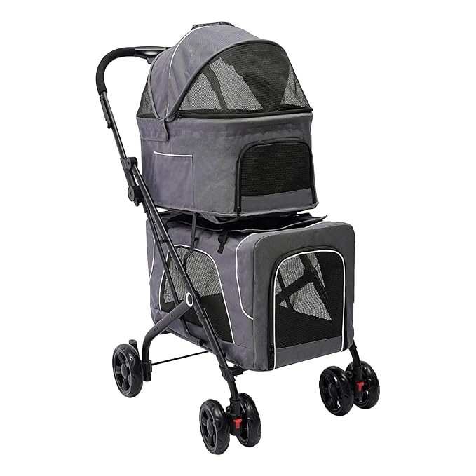 2 Tiers Pet Stroller,4 Wheel Dog Stroller Cat Strollers,3.07lbs Pet Gear Foldable Jogger Travel Cart,Grey Cat Carrying Cart with Storage Basket for Small Medium Pet (Grey)