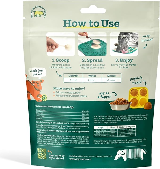 WOOF LickMixes - Dog Lick Mat Spread and Meal Topper - Delicious and Lower Calorie - Made with Wholesome Ingredients - Perfect for Dog Enrichment - Bacon & Cheese