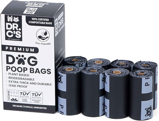 100% Certified Compostable Dog Poop Bags - Dr. C's Premium Dog Poop Bags - 120 Bags / 8 Rolls, Extra thick, Leak Proof, Unscented, Plant Based and Earth Friendly
