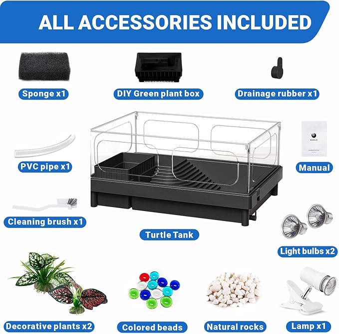GOZILLA Small Turtle Tank with Adjustable Lamp, Acrylic Turtle Tank Starter Kit, Reptile Habitat and Terrarium with Multi-Functional Areas for Tortoise, Crab, Crayfish, Small Reptile.(Tank+Lamp)