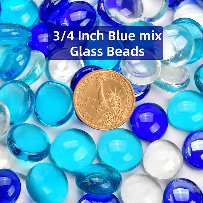 1LB Blue Mix Flat Glass Marbles for Vases, Mancala Stones Gemstone Beads Vase Filler Decorative Glass Pebbles for Fish Tank, DIY Crafts, Aquarium Decor Rocks