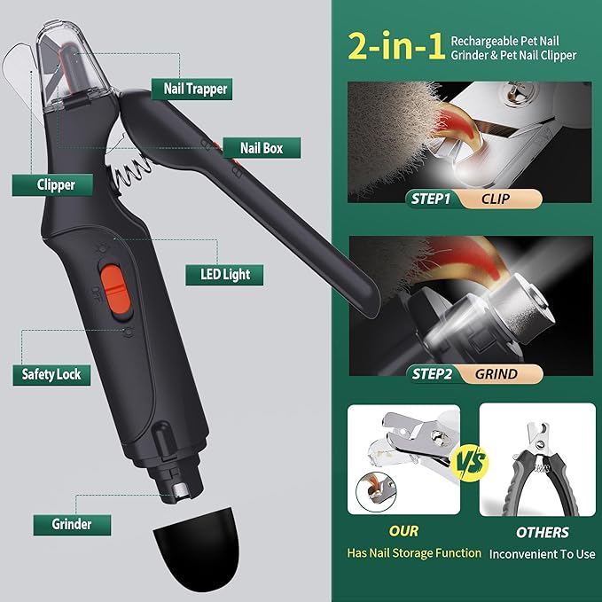 2 in 1 Dog Nail Clippers & Cat Nail Clippers Trimmers for Large Medium Small Dogs Cats Claw Trimmer Quick Sensor and Safety Guard USB Rechargeable Dogs Nail Trimmer with Catcher & 2 LED Lights