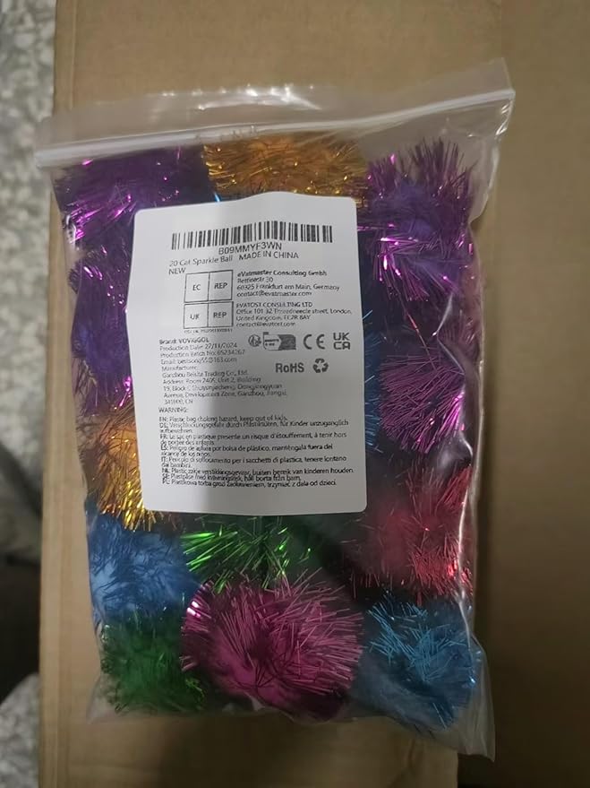 20 Pack 2 Inches Sparkle Balls for Cats, Large Size, Glitter Pom Poms Fuzzy Balls for Cats, Kitten Indoor Assorted Color Random