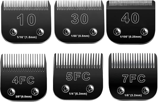10 Blades Dog Grooming Blades Compatible with Andis/Oster A5/Wahl KM-10 Series Dog Clippers,Detachable Clipper Replacement Blade (6PCS Black-#10+30+40+4FC+5FC+7FC)