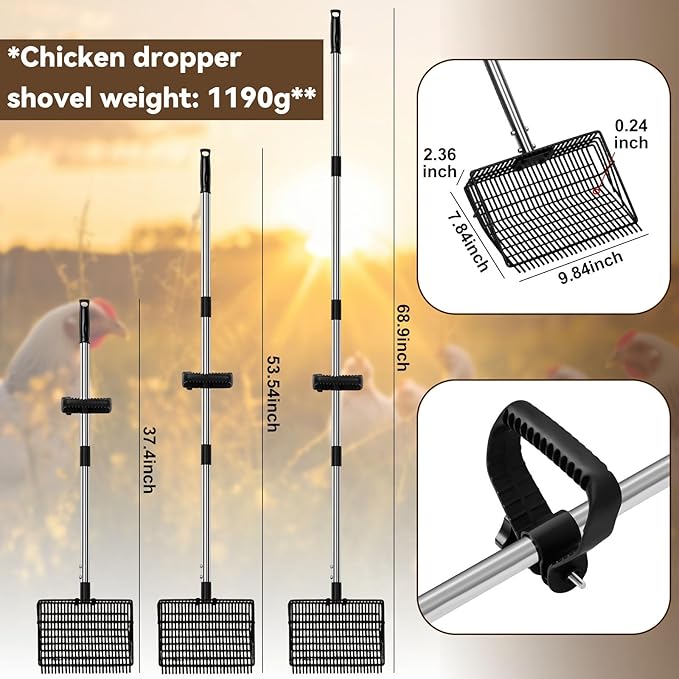 2 in 1 Chicken Poop Scooper Rake , 2 Rakes and 4 Sections Adjustable Stainless Steel Handle 37.4 - 68.9 Inch, Litter Scoop Chicken Coop Scoop for Animal Farm and Poultry Habitats with Gloves