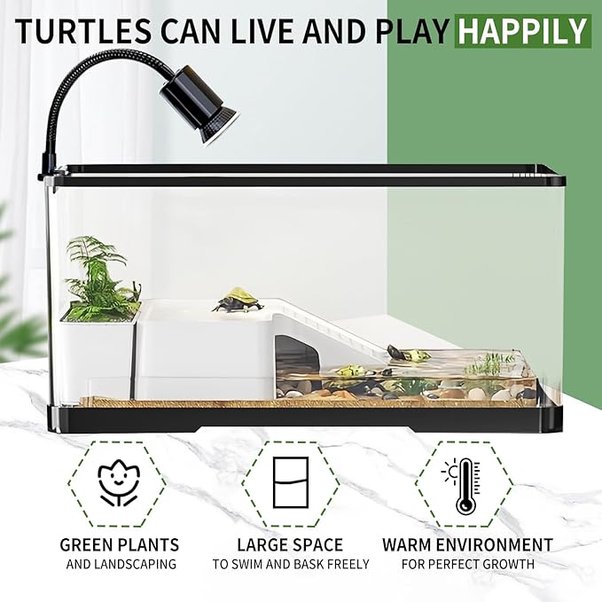 (Tank + Light + Filter + Filter Balls) Turtle Tank Kit, Turtle Tank Starter Kit,Bottom Drainage, Multi-Function Areas for Turtles, Crabs,Fishes, Amphibians,Reptiles.(15.75 x 8.64 x 8.64 Inch)