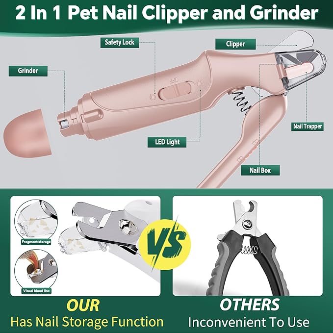 2 in 1 Dog Nail Clippers and Grinder with Lights & Cat Nail Clipper for Large Medium Small Dogs Cats Nail Trimmers USB Rechargeable with 2 LED Lights Dog Claw Care for Non-Black Nails