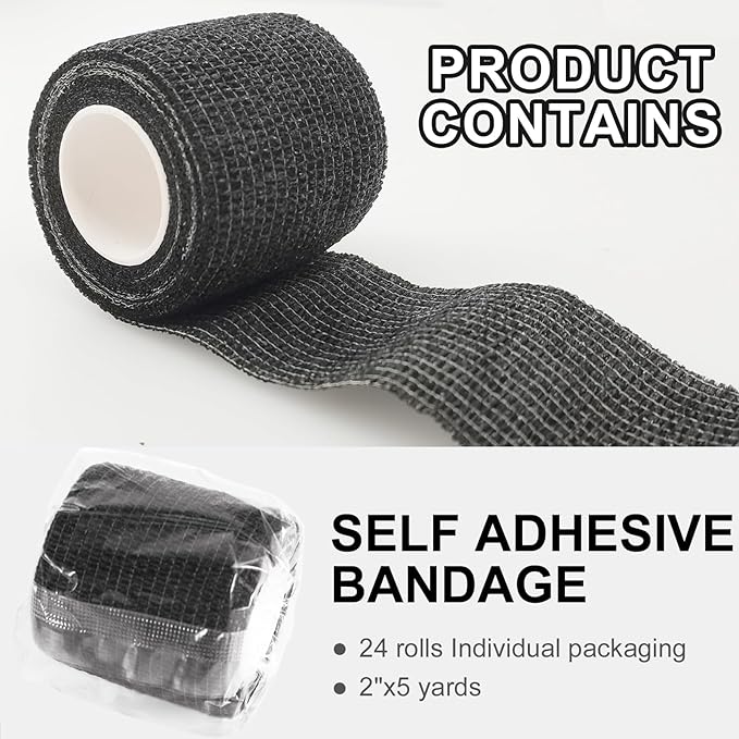 24 Pack Self Adhesive Bandage Wrap, 2” x 5 Yards Elastic Cohesive Bandage Wrap Black Athletic Tape Grip Tape for Ankle, Wrist Sprains, Sports Injuries & Pet First Aid | Medical Sports Tape
