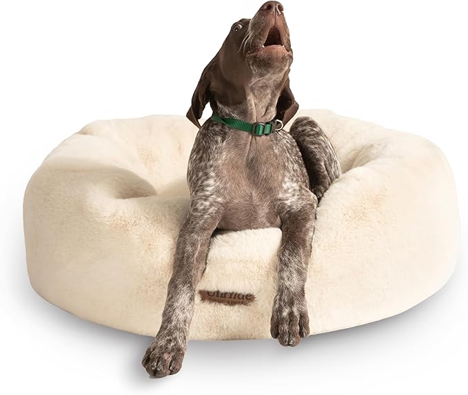 UnHide Floof Pet Bed - Medium (28" x 10") - Extra Soft Dog Bed - Removable Faux Fur Cover - Machine Washable - Helps Ease Pet Anxiety & Provides The Perfect Sleep - Beige Bear