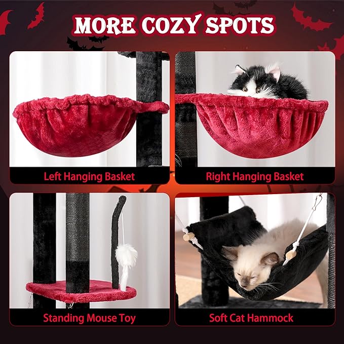 Gothic Cat Tree for Large Cats, 78.7"(200cm) Tall Cat Tower for Indoor Cats Multiple Cats with Large Top Perch, Cat Condo, Cat Hammcok, Cat Scratching Post, Black and Red GCT031BR