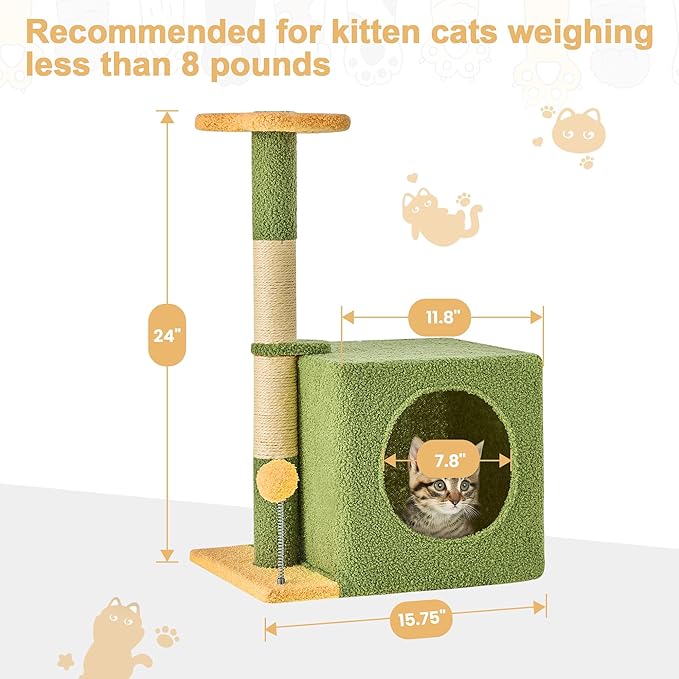 24 Inch Cat Tree Condo for Indoor Cats with Floral Sisal Scratching Post, Plush Hang Ball Play Furniture for Kittens Cats, Yellow