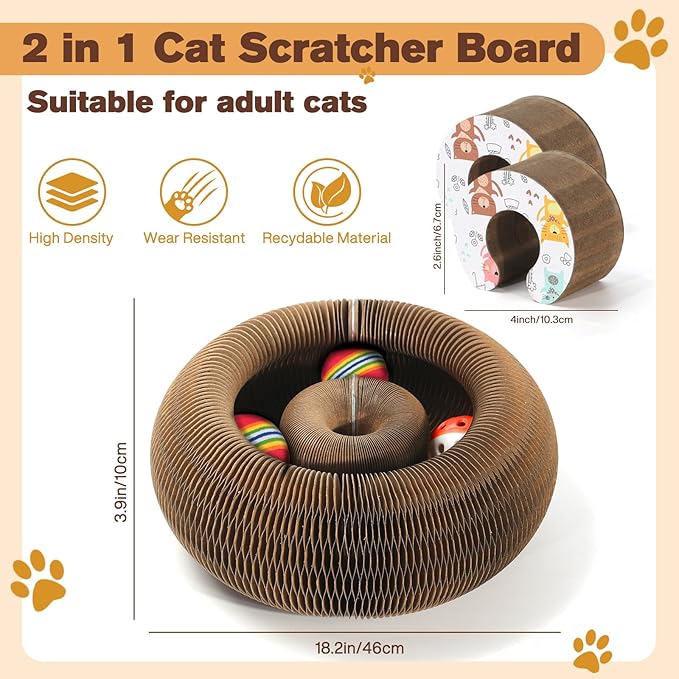 2 PCS Magic Organ Cat Scratcher Board with 6 Balls, Foldable Recyclable Accordion Cats Toy with Ball and Track Adventure, Cat Scratching Pad, Retractable Reversible Furniture Protector(Brown)