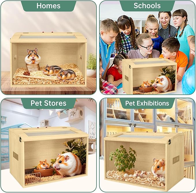24" Hamster Cage, Top Opening Lockable Roof Door Gerbil Cage, Dwarf Hamster Cage with Hygrometer, Mice and Small Animal Habitat, Chewproof Syrian Hamster Enclosure, (Wooden, 24" L x 16" W x 16" H)
