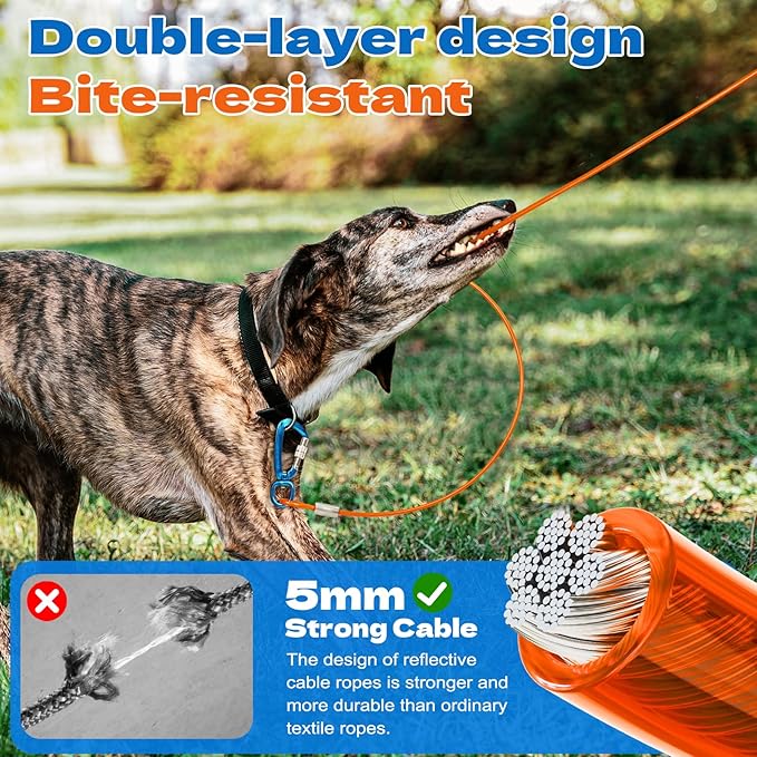100ft Dog Runner for Yard Large Dog Heavy Duty with Double Shock Absorbers Tangle-Free Aerial Trolley System for Large Dogs Up to 250lbs(Silver)