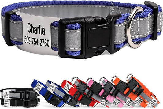 GoTags Reflective Personalized Dog Collar with Nameplate, Adjustable Dog Collar with Custom Engraved Steel Slide On Pet ID Tag, Silent, No Noise Dog Tag for Large Medium or Small (Lavender, Small)