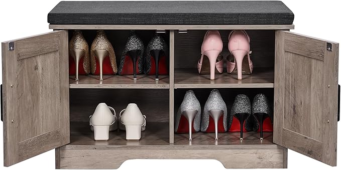 2-Tier Storage Bench, Shoe Bench with Padded Seat Cushion, Entryway Bench with 2 Barn Doors, Adjustable Shelf, 13.8" D x 27.6" W x 17.7" H, for Entryway, Living Room, Bedroom, Greige