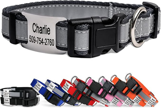GoTags Reflective Personalized Dog Collar with Nameplate, Adjustable Dog Collar with Custom Engraved Steel Slide On Pet ID Tag, Silent, No Noise Dog Tag for Large Medium or Small (Charcoal, Large)