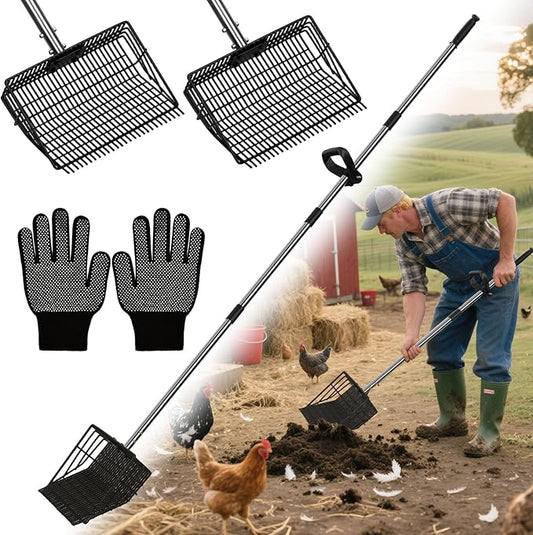 2 in 1 Chicken Poop Scooper Rake , 2 Rakes and 4 Sections Adjustable Stainless Steel Handle 37.4 - 68.9 Inch, Litter Scoop Chicken Coop Scoop for Animal Farm and Poultry Habitats with Gloves