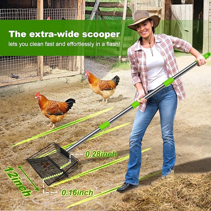 12inch Large Chicken Poop Scooper，2 Widths of Slots Litter Sifting Shovel （23 to 66"），Chicken Coop Litter Scoop with Stainless Steel Handle, 4 in 1 Multifunctional Heavy Duty Chicken Coop Accessories