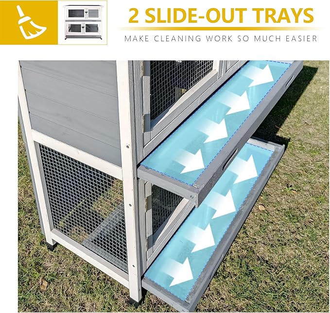 2 Story Solid Wood Rabbit/Bunny Hutch with 2 Large Main Rooms, Indoor Outdoor Rabbit House Guinea Pig Cage Pet House for Small Animals with Ventilation Door Removable Tray Waterproof Roof (Grey)