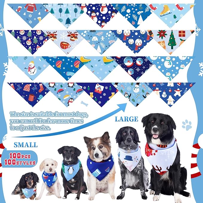 100 Pcs Winter Dog Bandanas Bulk Pet Bibs Blue Triangle Scarf Snowflake Pet Bandanas for Medium Large Dogs Winter Snowflake Christmas Party Holiday Festival Costume Decor