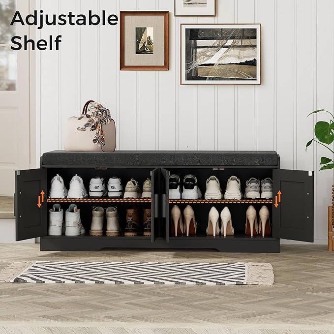 2-Tier Storage Bench, Shoe Bench with Thickened Padded Seat Cushion, Entryway Bench with 4 Doors, Adjustable Shelf, 13.8" D x 45.3" W x 18.5" H, for Entryway, Living Room, Bedroom, Black