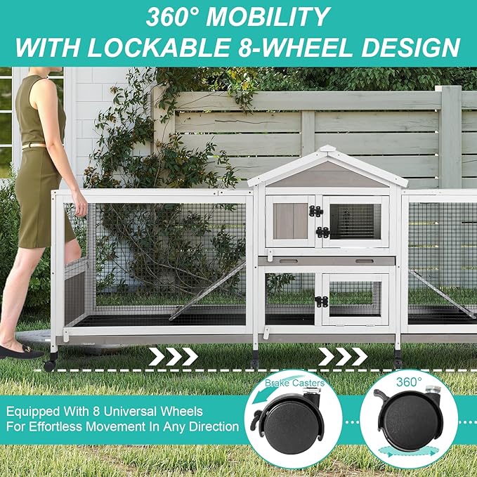 2-Tier Rabbit Hutch with Wheels, Indoor & Outdoor Small Animal Cage with Deep Pull-Out Tray, Anti-Chew Frame, Habitat for Bunny, Guinea Pig, Chinchilla (93" L x 19" W x 35" H)