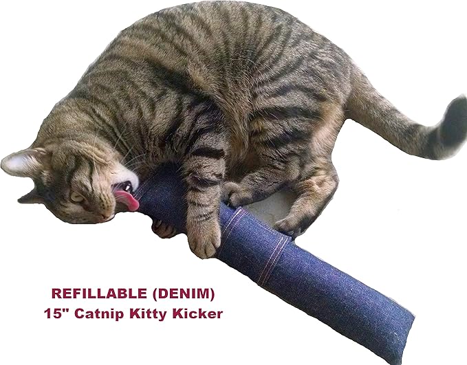 15" Cat Kicker Toy with Refillable Catnip Pocket (Denim) - Filled with Premium Canadian Catnip