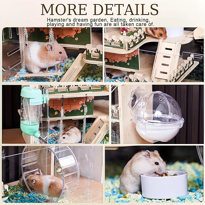 11 in 1 Wooden Hamster Cage with All Accessories, 15.8 Inch 3-Layer Dwarf Hamster Cage Acrylic,Small Animal Cages, Pastoral Style Mouse Cage for Pet Mice, Hedgehog, with Stairs, Fences and Swing