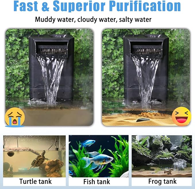 220GPH Turtle Filter for 20-45 Gal Tank, Small Turtle Filters 3-Stage Filtration for Freshwater Saltwater Cloudywater, Ultra-Quiet and Flow Adjustable for Fish Turtles Shrimps Amphibians Frogs