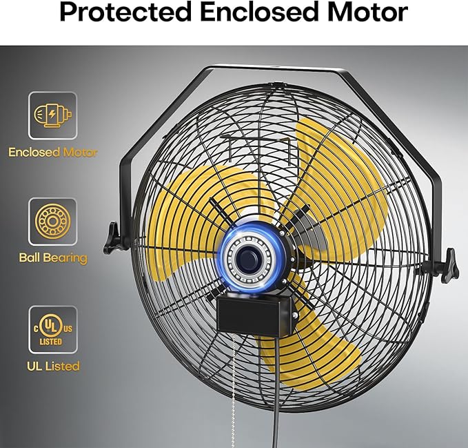 18 Inch Industrial Wall Fan, 4800 CFM Metal Wall Mount Fans with Poweful Motor, 3 Speed, Heavy Duty Fan Indoor for Covered Patio, Greenhouse, Gazebo, and Garage, UL Listed