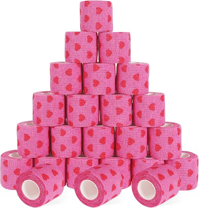 24 Pack Self Adhesive Vet Wrap & Medical Tape, 2 Inch x 5 Yards Cohesive Bandage Wrap - Pink Heart Grip Tape for Ankle, Wrist Sprains, Sports, Pet First Aid