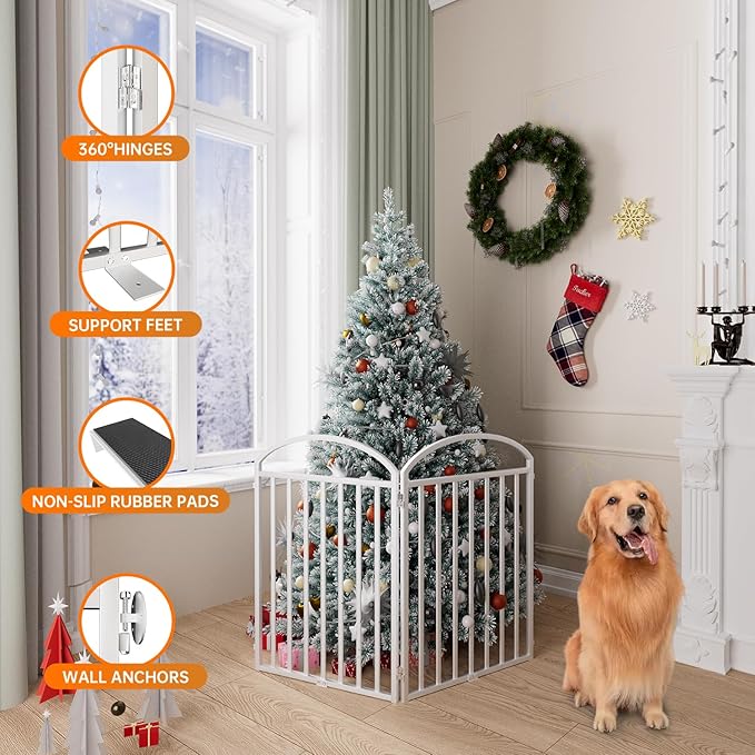 2 Panles Full Matel Freestanding Dog Gates with Door, 48"Extra Wide 32"Tall Free Standing Dog Pet Gate for Indoor & Outdoor. Foldable Pet Fences for Doorways, House, Stairs, Porch, Deck, Yard