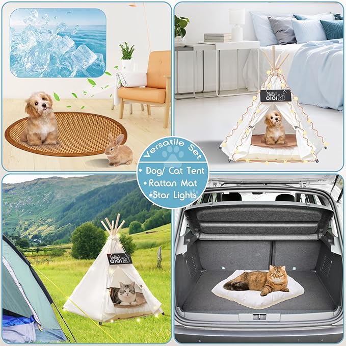 24" Dog& Cat Teepee Tent +28" Pet Cooling Mat +10ft Star String Light [2-Modes],Cotton Thicked Soft Comfort Anti-Slip Cushion (Used/Wash Separately), Indoor or Outdoor Large Pets Tents House