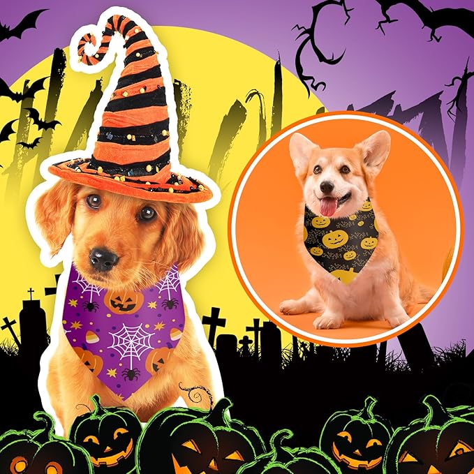 100 Pieces Halloween Dog Bandanas Bulk Pumpkin Ghost Bandanas for Dogs Soft Triangle Bibs Adjustable Triangle for Small Medium Large Pets Halloween Party Costume