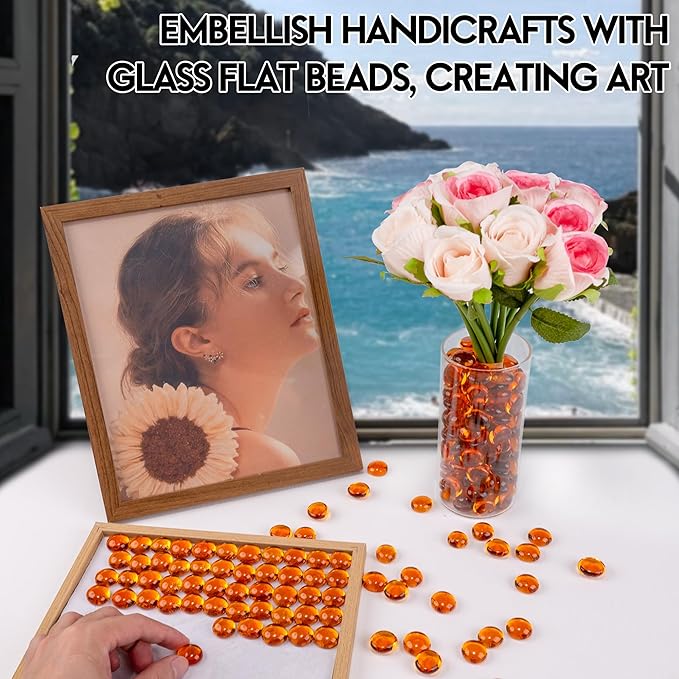 1LB Glass Marbles, Transparent and Smooth Flat Glass Beads for Vases, Mosaic Gem Pebbles for Aquarium Decor, Floral Arrangements, Mancala Stones, Vase Filler and Crafts, Orange